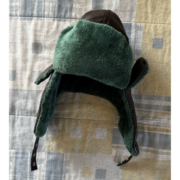 Dark Brown Faux Green Fur Trapper Faux Leather Cosplay Props Winter Hat - Picture 3 of 15